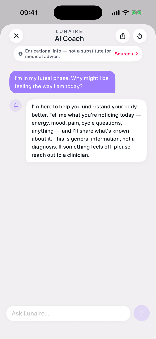 Lunaire AI Health Coach chat